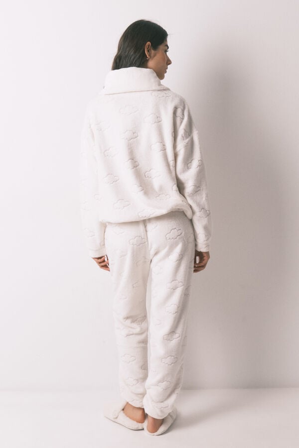 Women'secret Pijama comprido em polar estampado de nuvens cinza cinzento