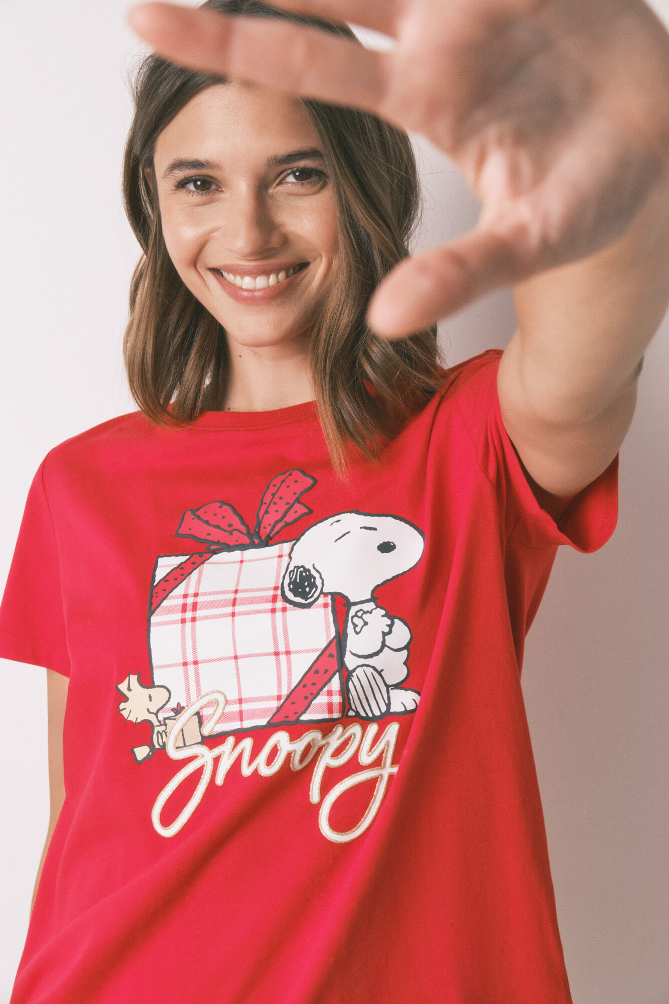 Women'secret Pijama longo 100% algod&atilde;o xadrez vermelho Snoopy
