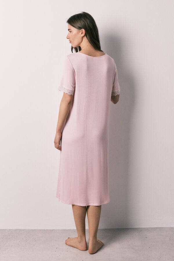 Women'secret Camisa de dormir midi em viscose e renda rosa rosa