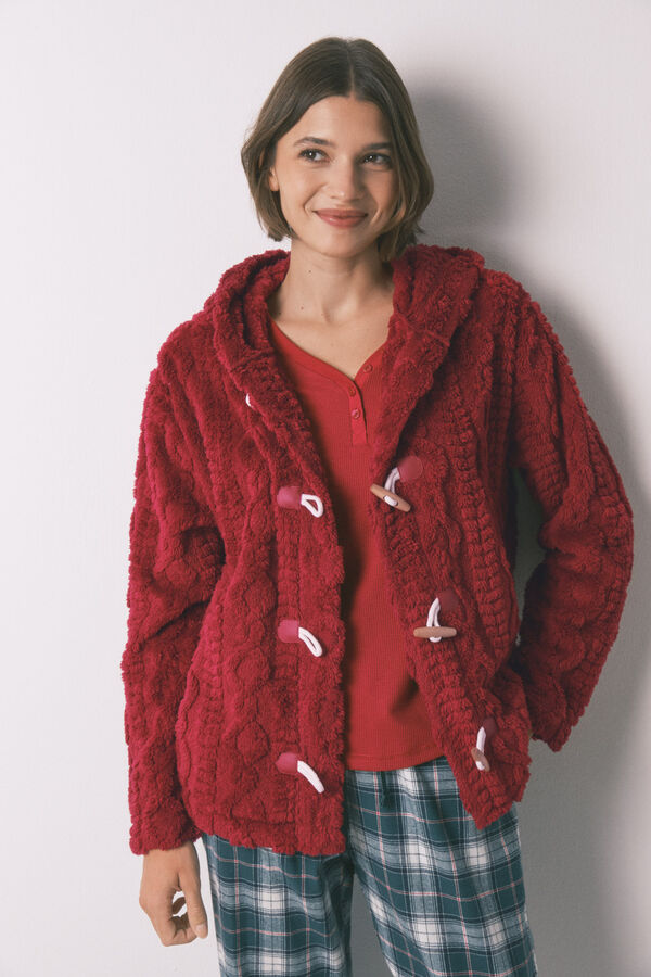 Women'secret Robe curto polar com capuz suave vermelho vermelho