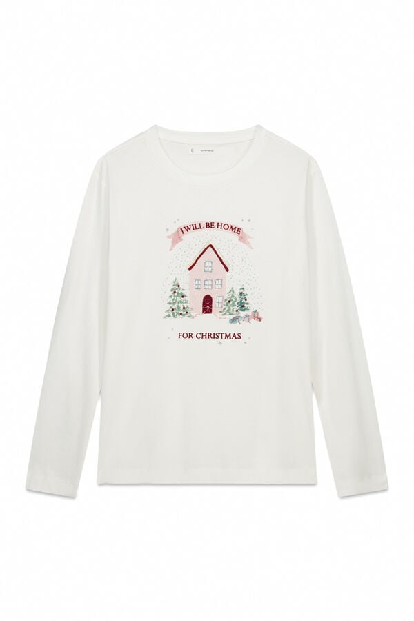 Women'secret T-shirt branca de manga comprida de Natal 100% algodão  branco