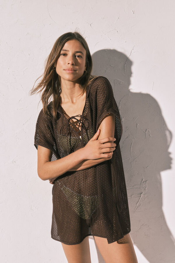 Women'secret T&uacute;nica curta com capuz de malha castanha cru