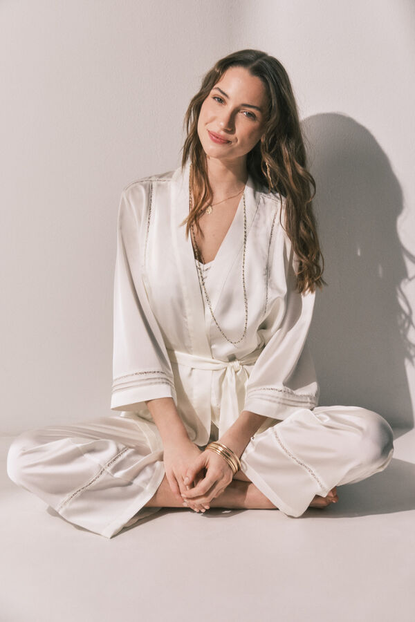 Women'secret Conjunto pijama comprido e robe cetim branco bege