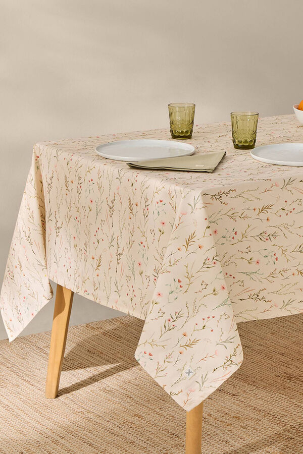 Textura Toalha de mesa floral de algodão resistente a manchas bege
