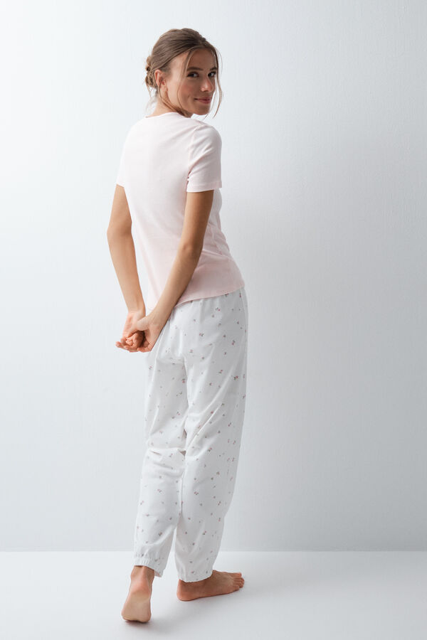 Women'secret Pijama comprido de manga curta em algod&atilde;o com estampado floral rosa claro rosa