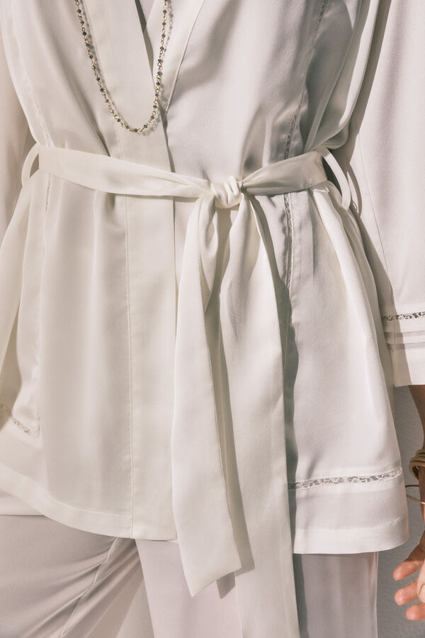 Women'secret Conjunto pijama comprido e robe cetim branco bege