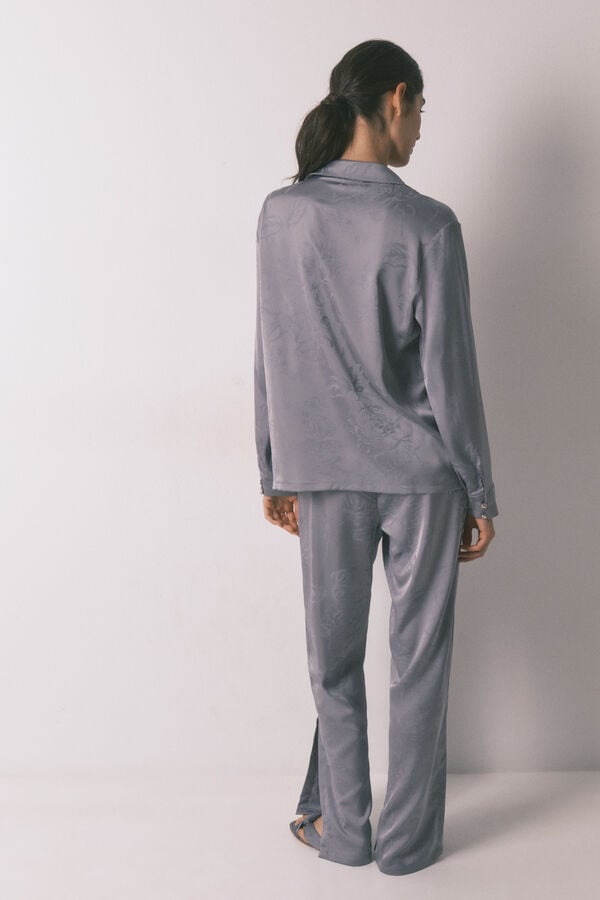 Women'secret Pijama camiseiro comprido cetim jacquard cinzento cinzento