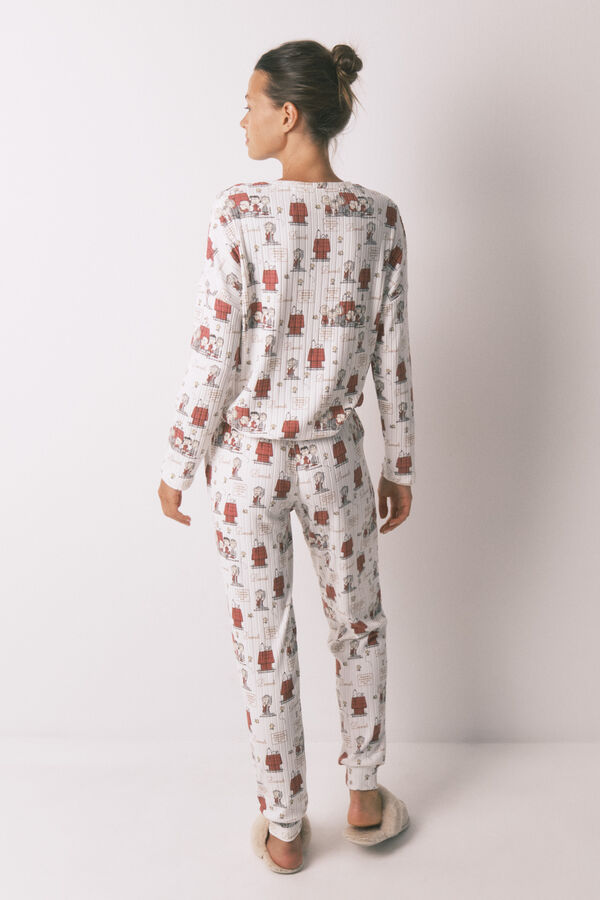 Women'secret Pijama longo em canelada extrassuave branco do Snoopy bege