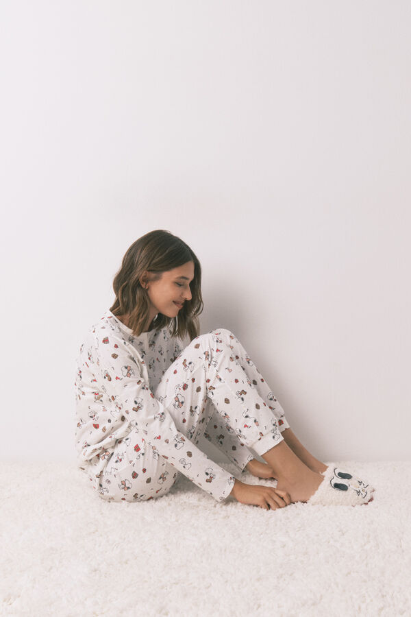 Women'secret Pijama longo 100% algod&atilde;o branco Snoopy bege