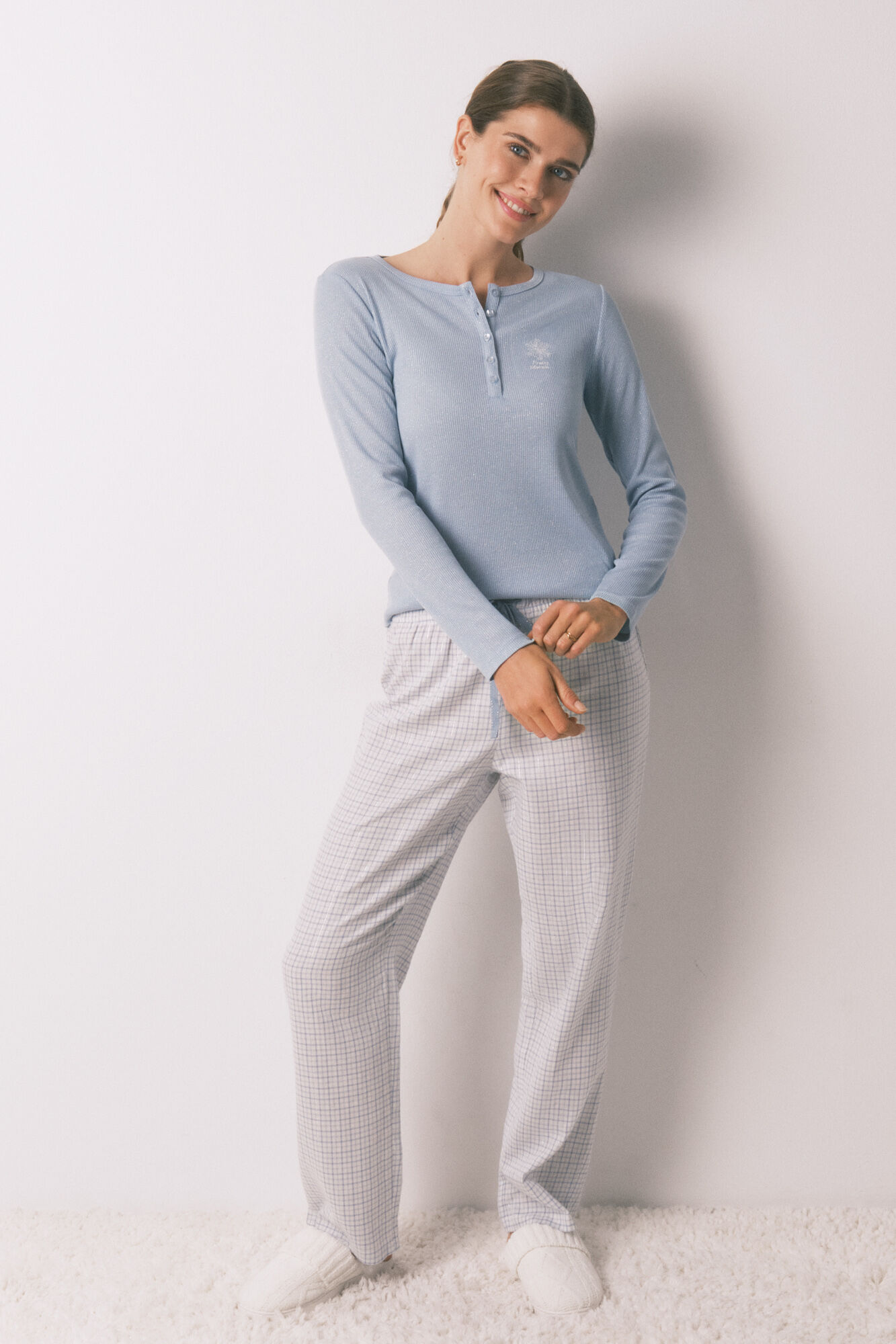 Women'secret Pijama largo cuadros efecto brillo azul