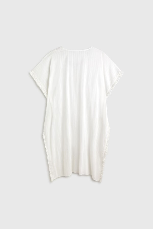 Textura T&uacute;nica comprida de algod&atilde;o com franjas bordadas branco