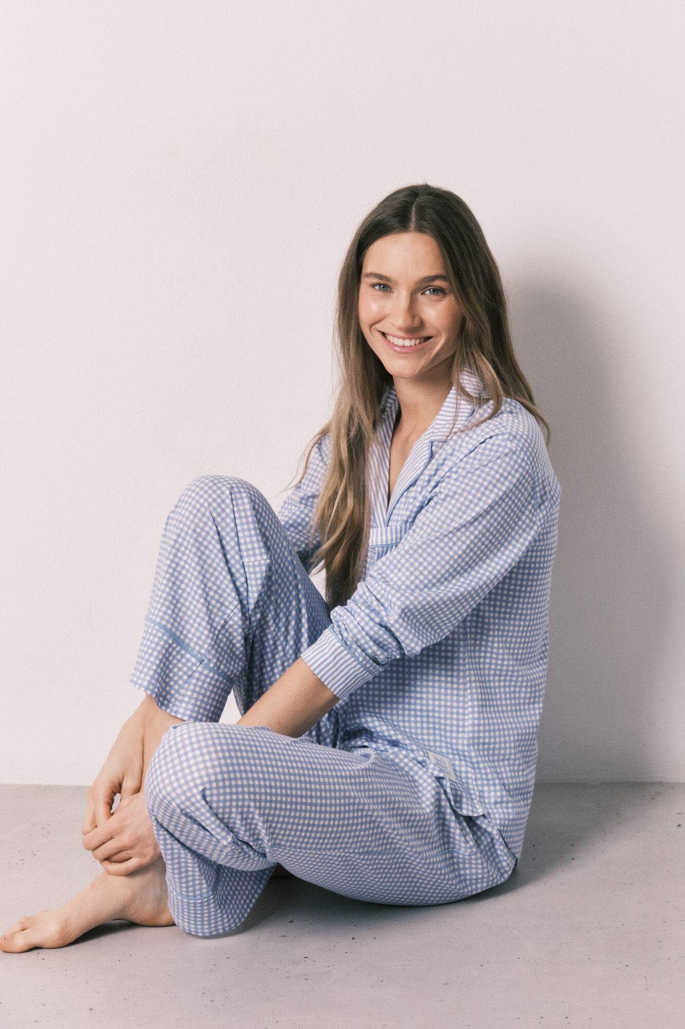 Women'secret Pijama camiseiro comprido estampado vichy em algod&atilde;o azul