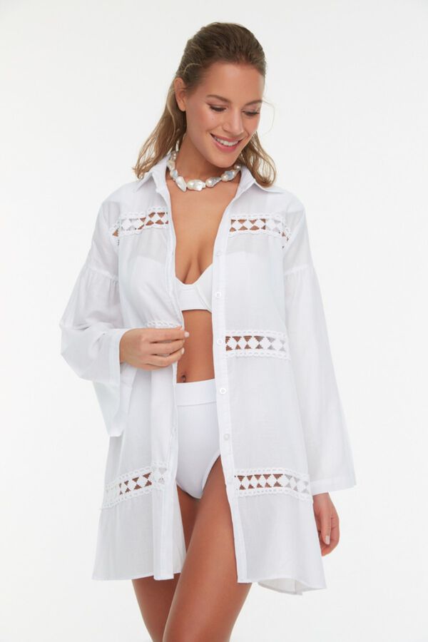 Trendyol Camisa comprida de praia com riscas branco