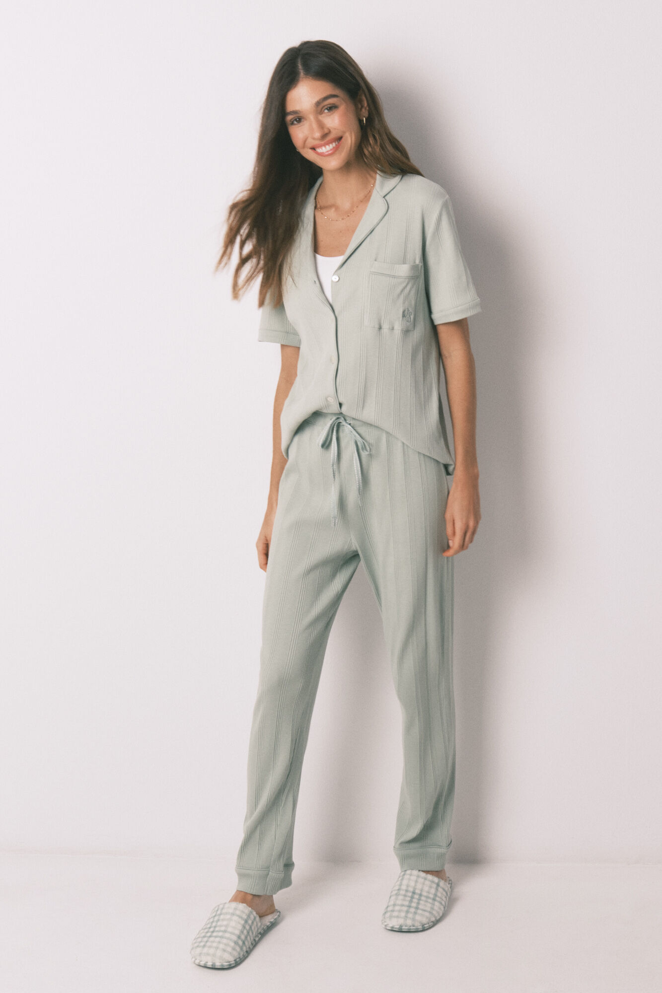 Women'secret Pijama camisero algod&oacute;n canal&eacute; verde