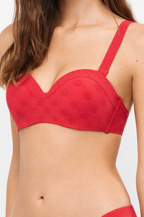 Gisela Top biqu&iacute;ni bandeau com aro jacquard bolinhas vermelho