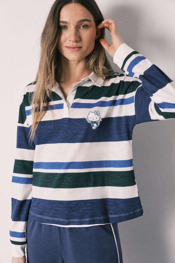 Women'secret Pijama comprido Hello Kitty polo riscas em algod&atilde;o azul