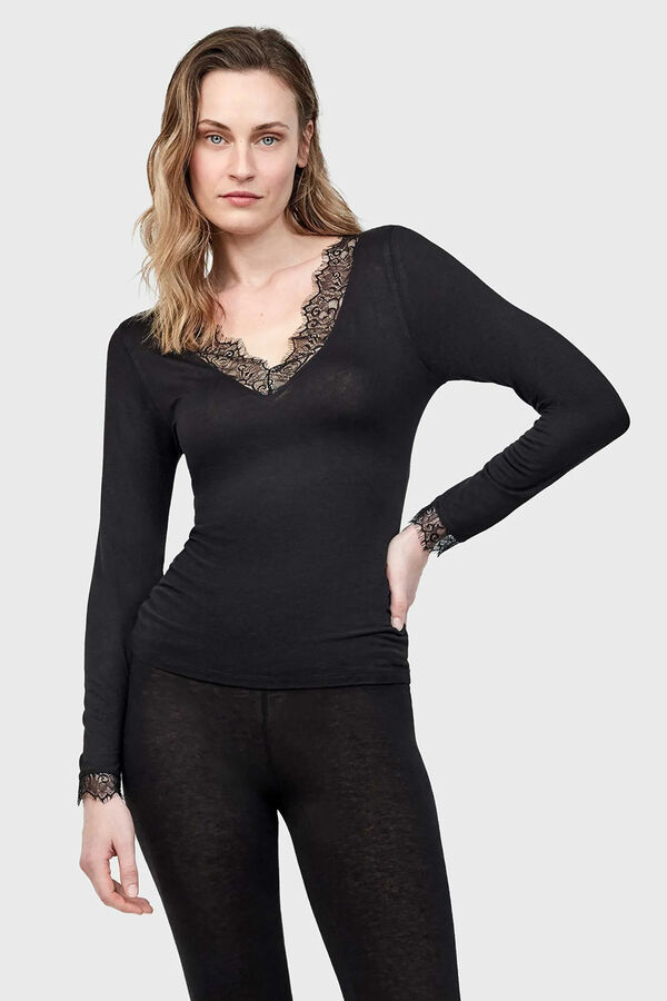 Gisela T-shirt térmica gola em V com renda preto