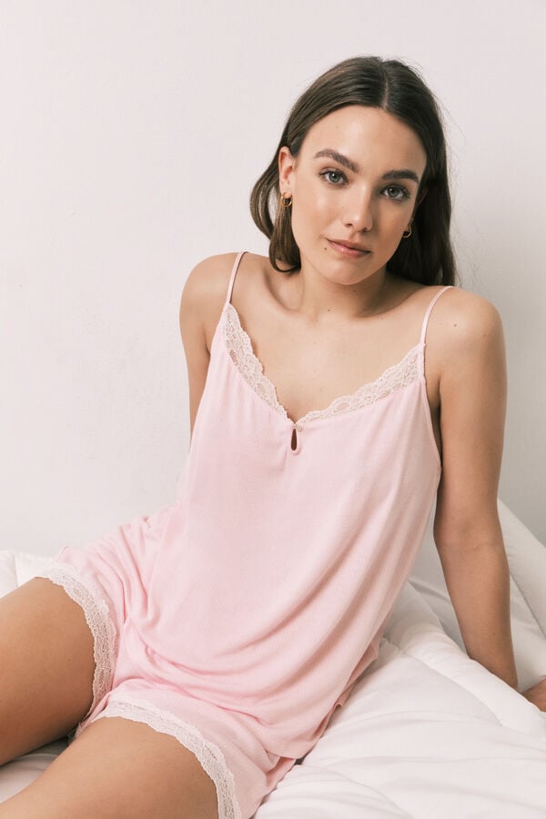 Women'secret Pijama curto de al&ccedil;as em viscose e renda rosa rosa