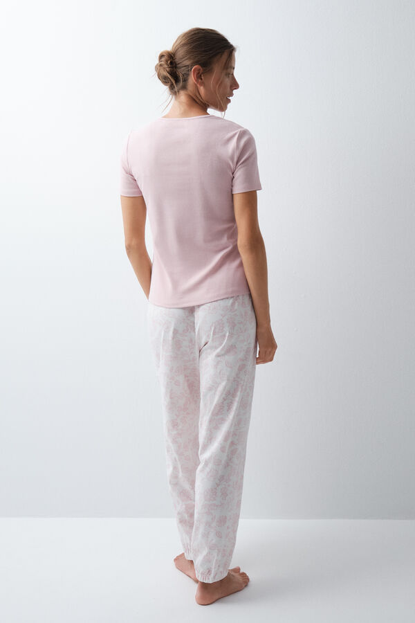 Women'secret Pijama comprido de manga curta em algod&atilde;o com estampado floral rosa rosa