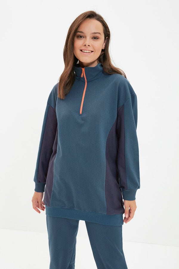 Trendyol Fato de treino azul petróleo com fecho-éclair, gola alta e baixo franzida  verde