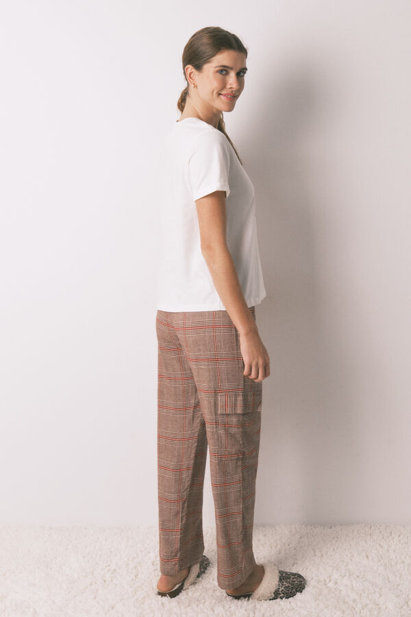 Women'secret Pijama longo 100% algodão estampado xadrez Snoopy bege