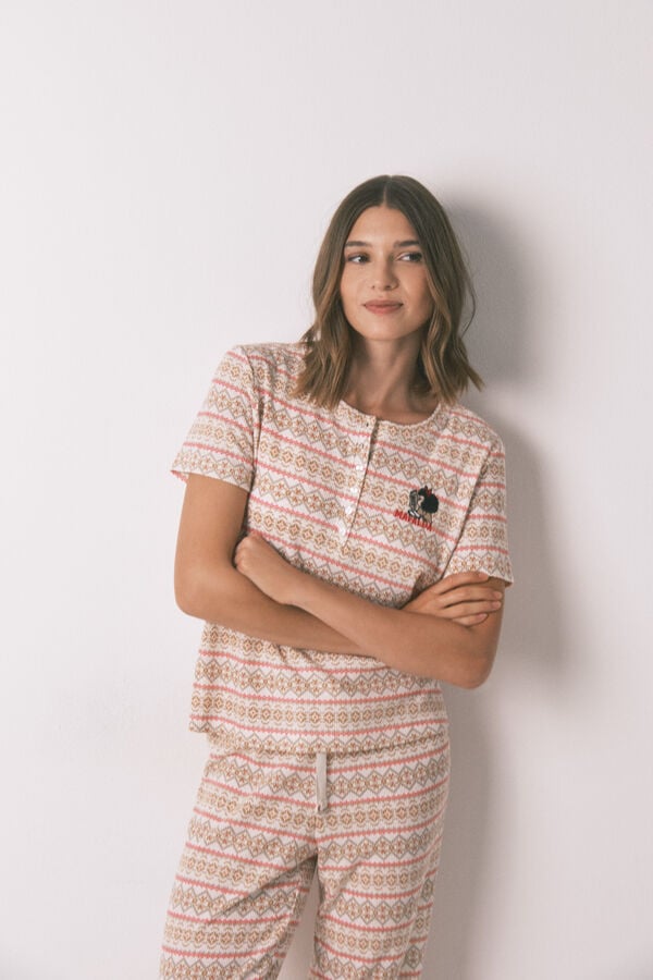 Women'secret Pijama longo textura waffle felpudo com faixas Mafalda bege