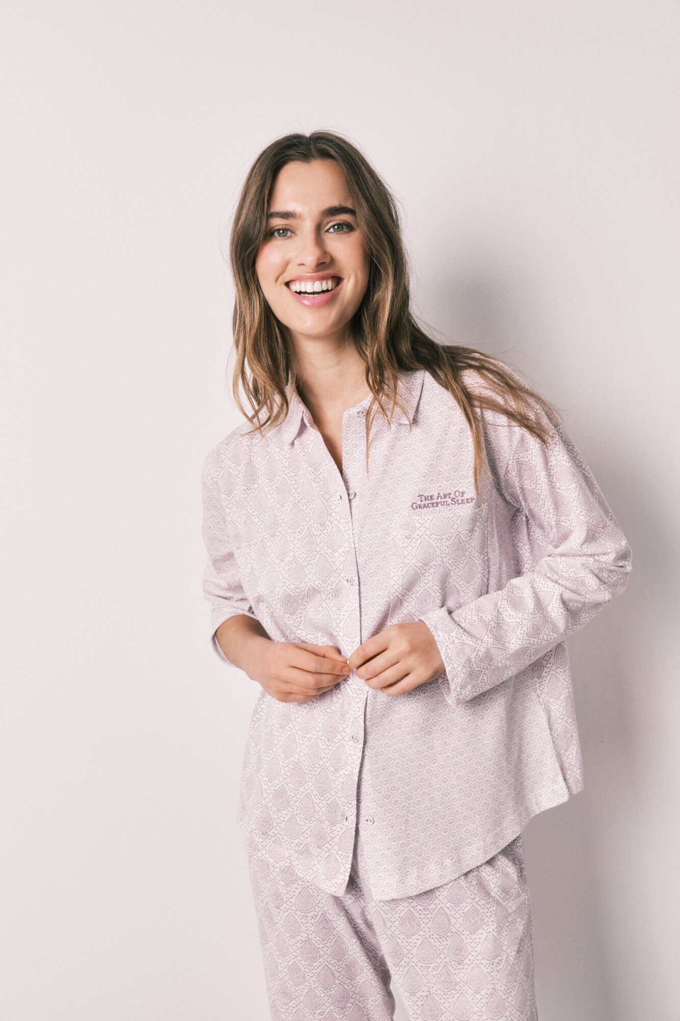 Women'secret Pijama camisero largo 100% algod&oacute;n estampado sellos