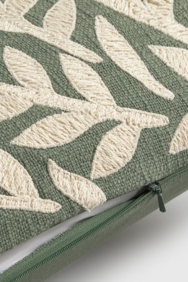 Textura Capa de almofada em algod&atilde;o com bordados de folhas verde