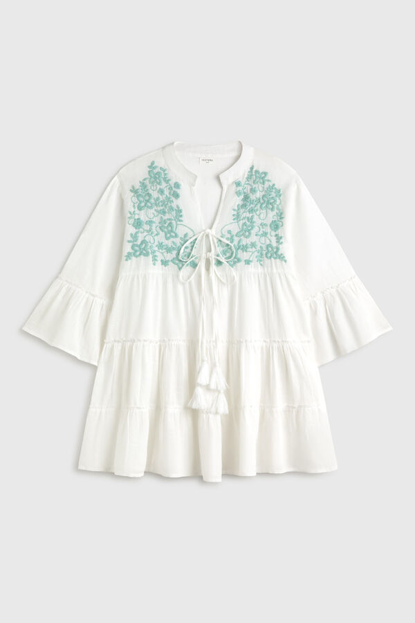 Textura T&uacute;nica em algod&atilde;o bordada branco