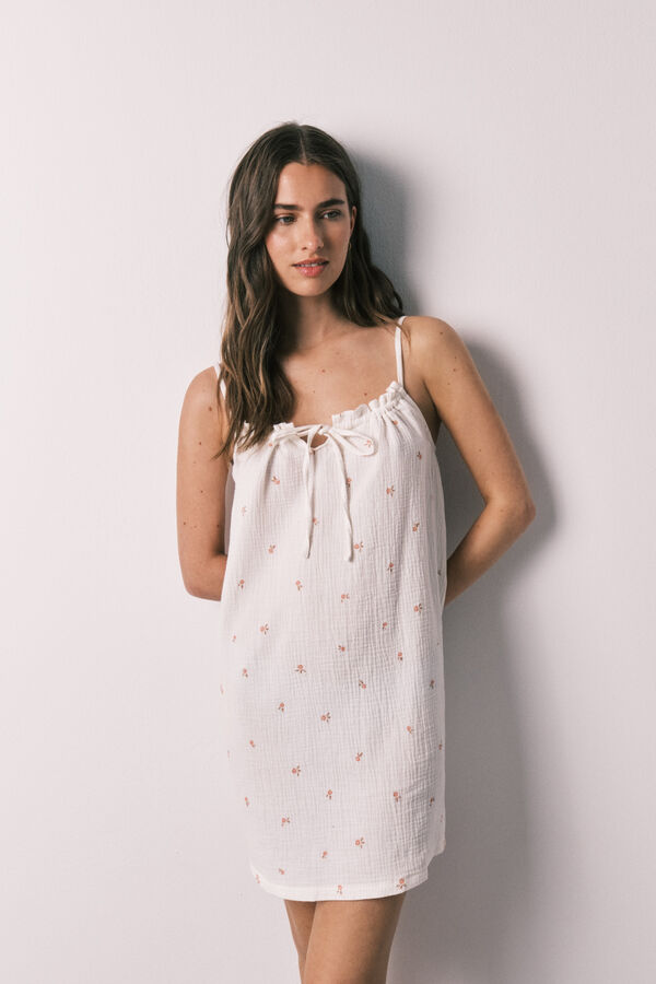 Women'secret Camisa de dormir curta de al&ccedil;as em algod&atilde;o branco bege