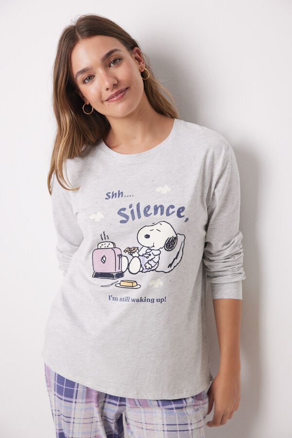 Womensecret Pijama largo 100% algodón Snoopy cuadros gris