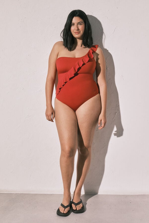 Women'secret Fato de banho moldador laranja e com folho assim&eacute;trico  vermelho