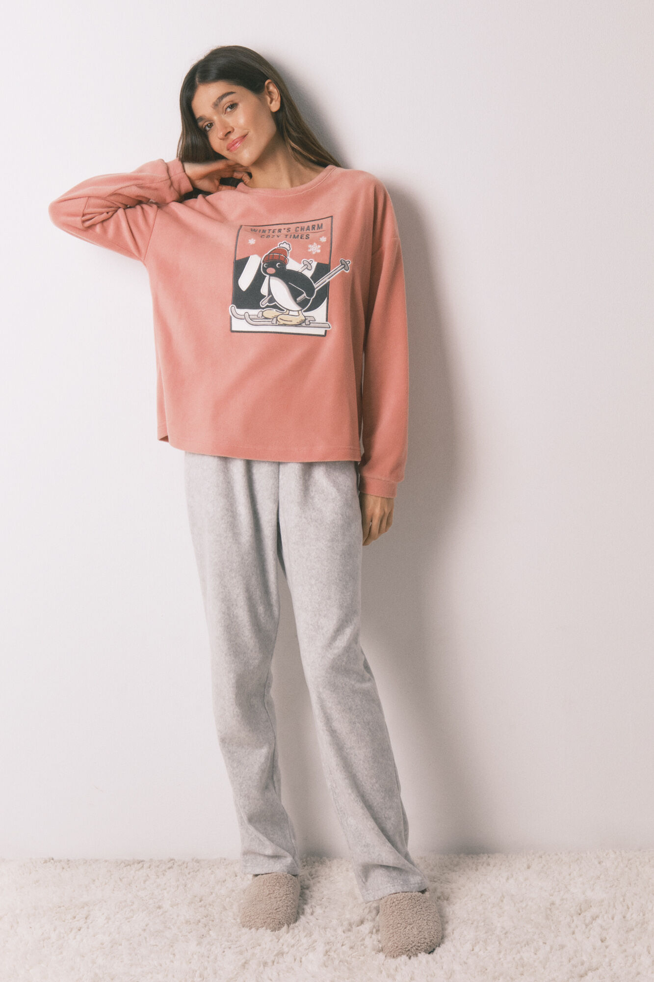 Women'secret Pijama largo polar suave rosa y gris Pingu