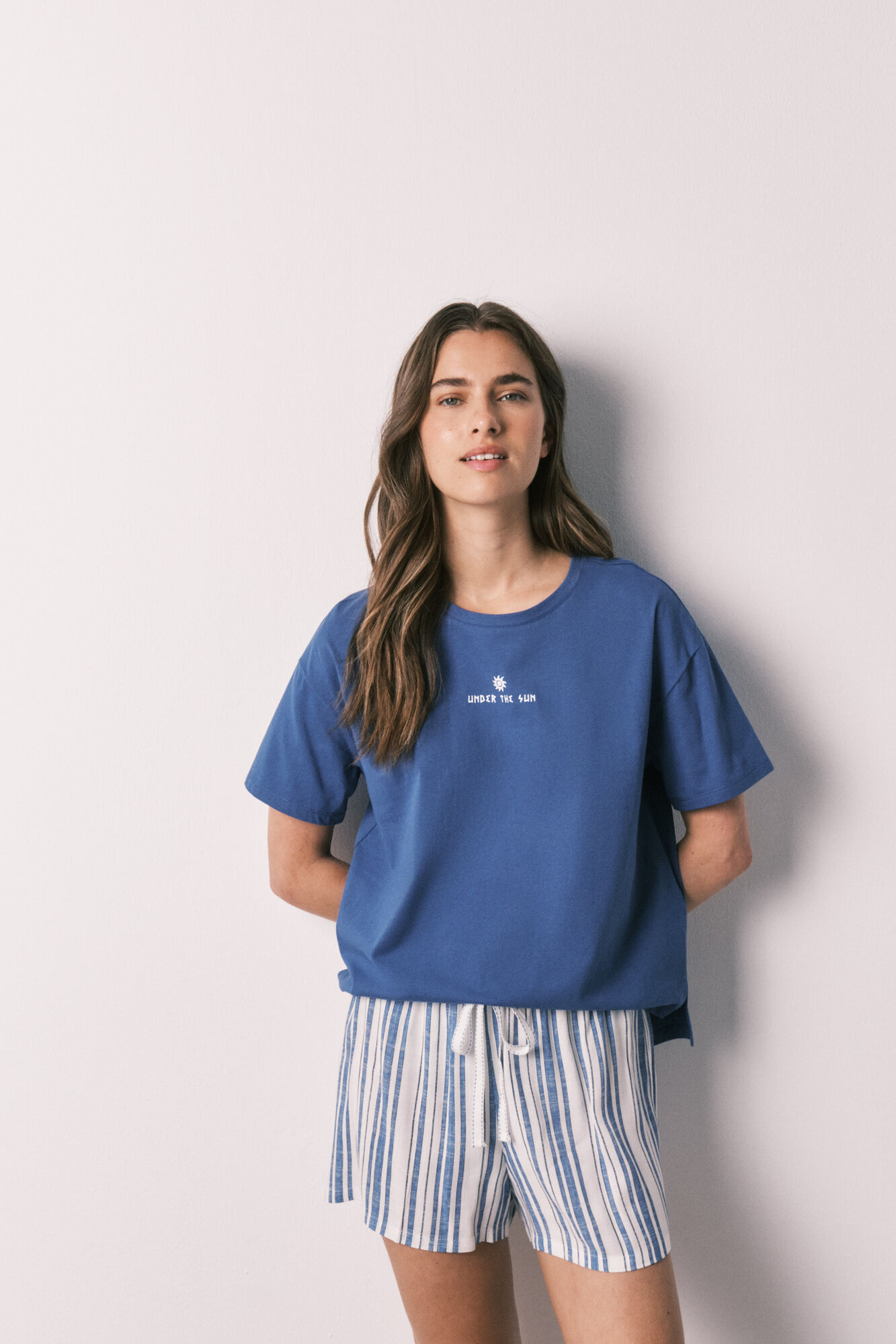 Women'secret Pijama curto em algod&atilde;o e viscose &agrave;s riscas azul