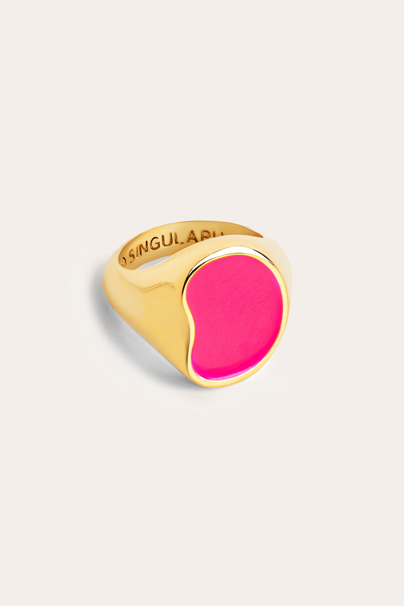 Singularu Anel Signet Bean Neon Pink Enamel Ouro
