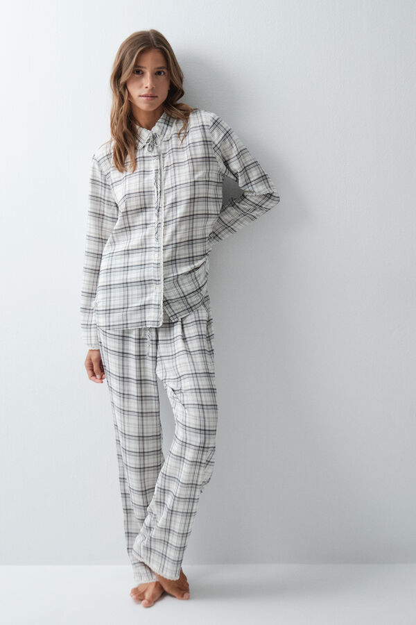 Women'secret Pijama comprido camiseiro em xadrez com detalhes em renda branco