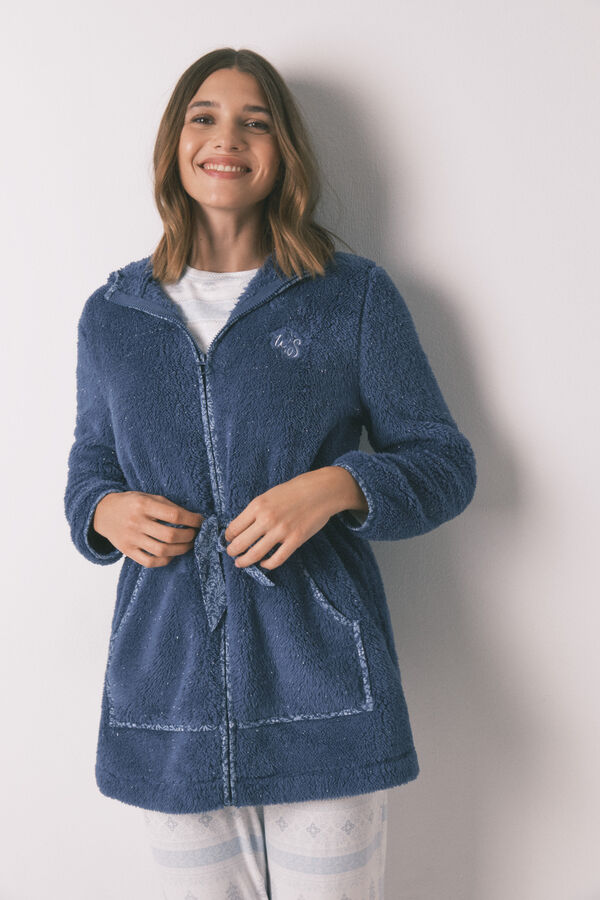 Women'secret Robe midi com capuz em polar lurex azul azul