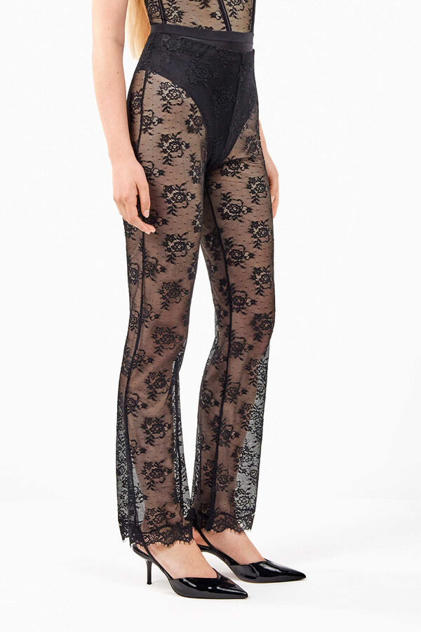 Gisela Pantalón largo elástico de encaje floral transparente y delicado negro