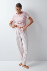 Women'secret Pijama comprido de manga curta em algod&atilde;o com estampado floral rosa rosa