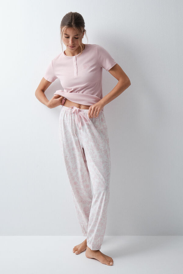 Women'secret Pijama comprido de manga curta em algod&atilde;o com estampado floral rosa rosa