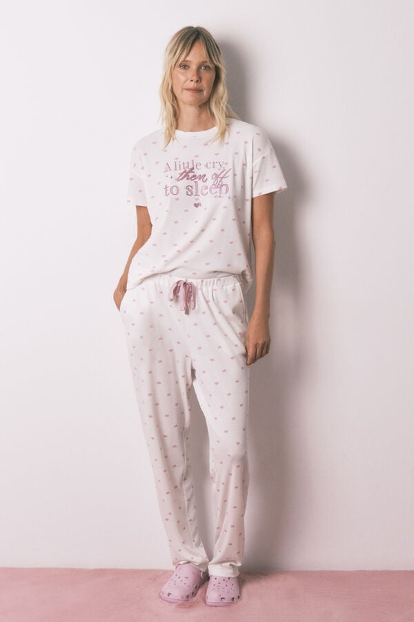 Women'secret Long pyjamas with short waffle fabric T-shirt white