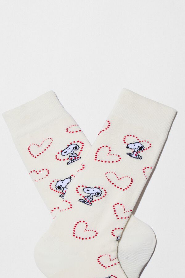 Besocks Meias altas Snoopy algod&atilde;o org&acirc;nico bege