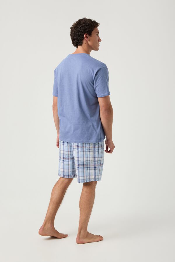 Kiff-Kiff Pijama curto combinado cal&ccedil;as xadrez azuis e T-shirt azul claro azul