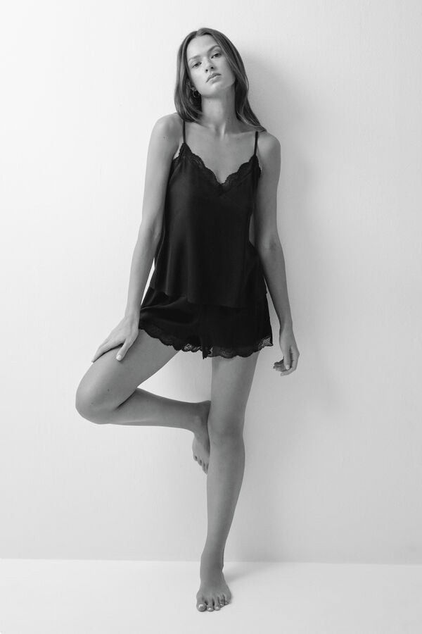 Women'secret Pijama curto de al&ccedil;as preto de renda preto