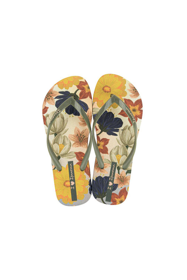 Ipanema Chinelos com flores verdes tropicais bege
