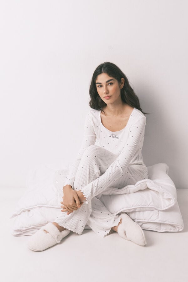 Women'secret Pijama comprido canelado estampado de estrelas branco bege