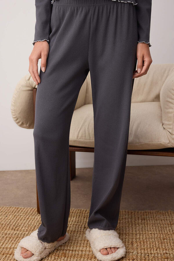 Trendyol Conjunto de pijama de algodão canelado com detalhes de renda cinzento