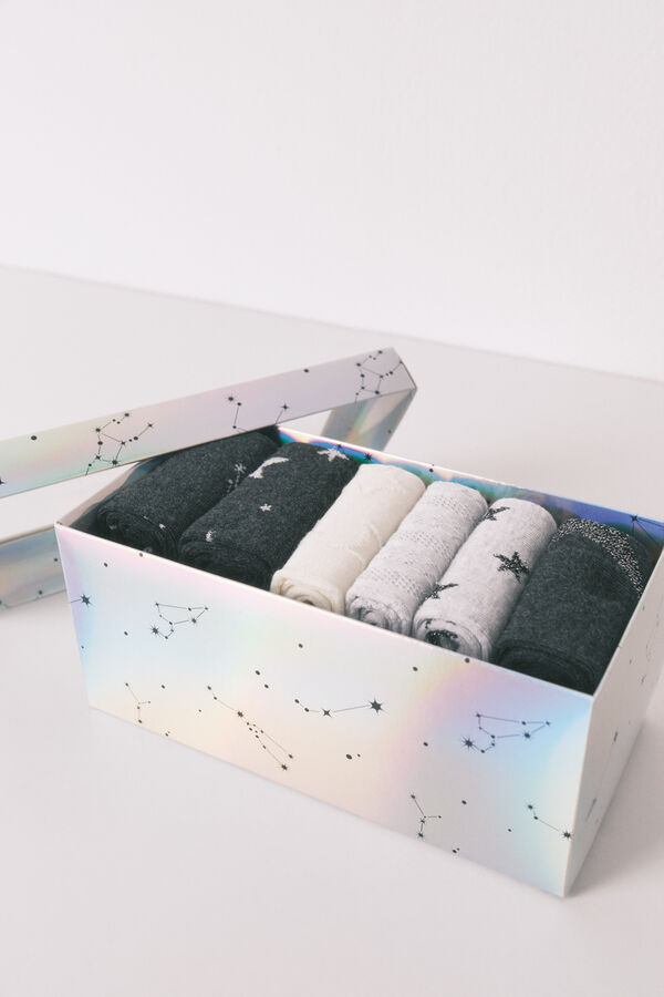 Women'secret Pacote de 6 meias longas de algod&atilde;o com estrelas   cinzento