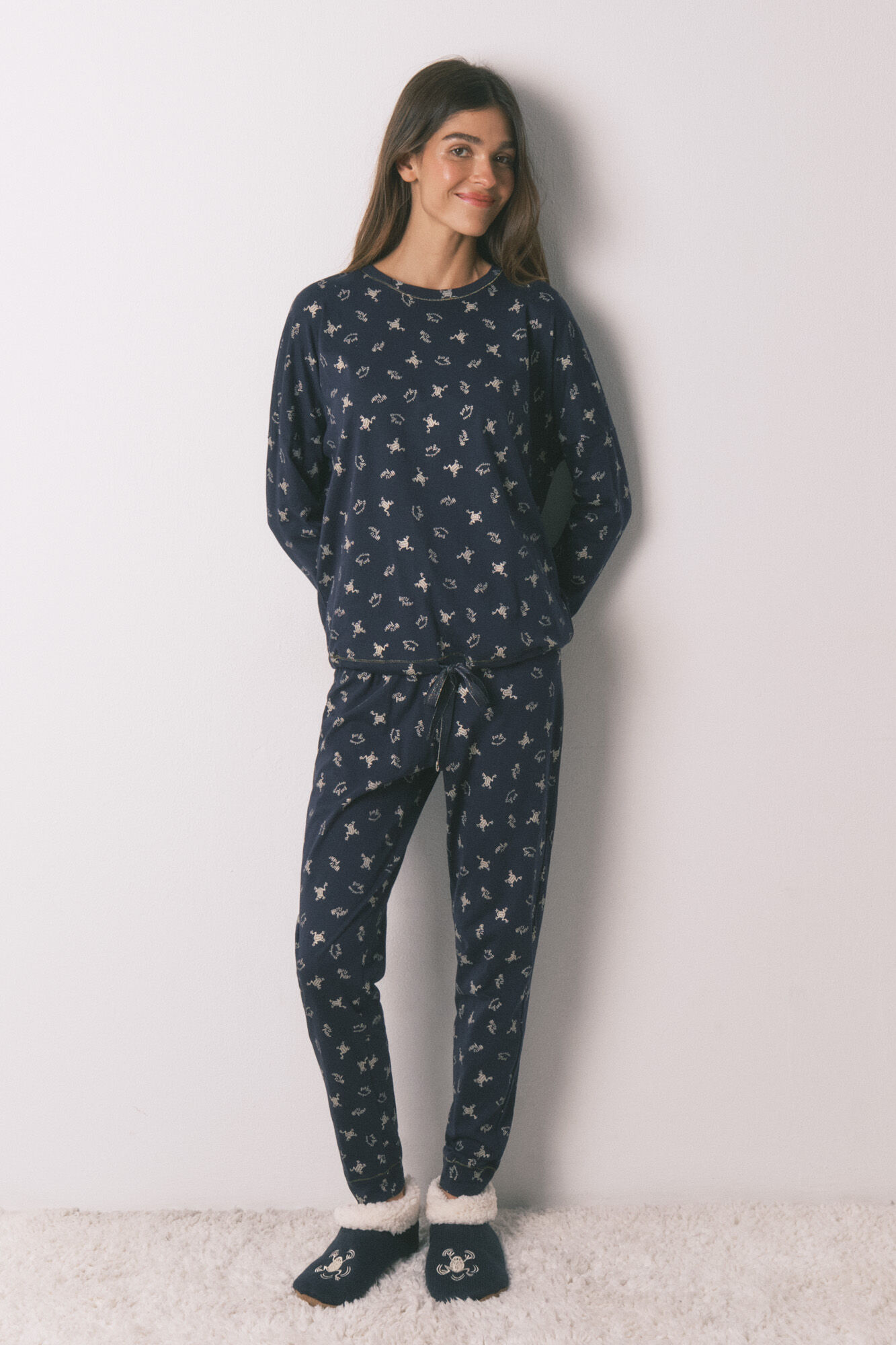 Women'secret Pijama comprido 100% algod&atilde;o azul estampado sapinhos