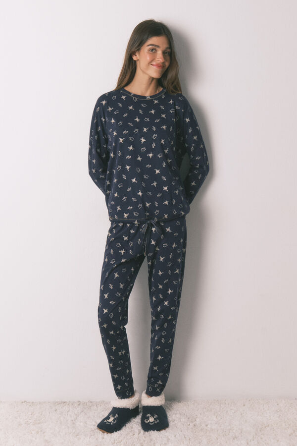 Women'secret Pijama comprido 100% algodão azul estampado sapinhos azul